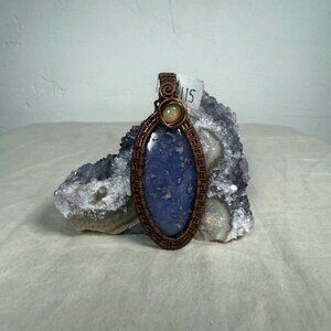Handmade Copper Wire Wrapped Sodalite & Fire Opal Natural Gemstone Pendant